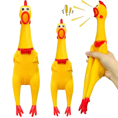 2Pcs Large Screaming Rubber Chickens 15 Inch 12 Inch Yellow Squawking Squeaky Chicken Toy for Novelty Gag Gift Prank Noise Maker Adults Dog