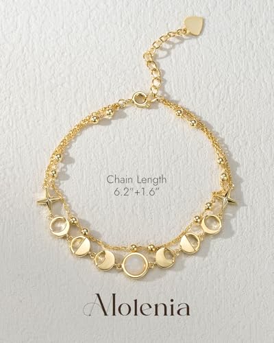 Moonstone Moon Phase Link Bracelet for Women, 14K Gold Plated Celestial New Full Moon Lunar Charm Double Layered Chain Gift for Birthday Christmas Boho Spiritual Jewelry for Wife Girlfriend Daughter2