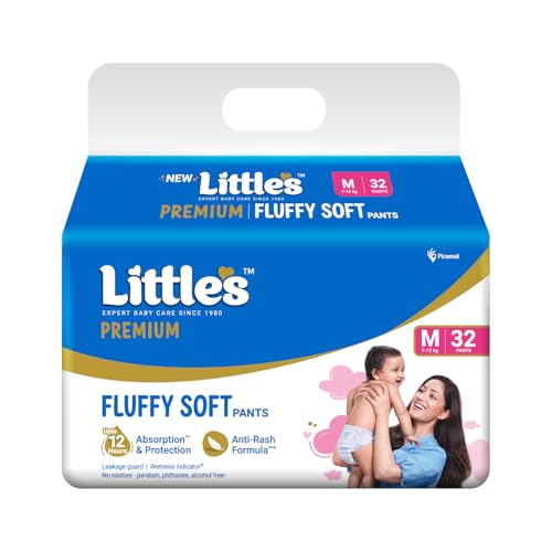Image of Little's Premium Baby Diapers M Size (Medium) Pants Style | 7-12 kg | 32 Count - Pack of 6 | FluffySoft Baby Diaper with Leakage Guard, Wetness Indicator & 12 Hours Absorption