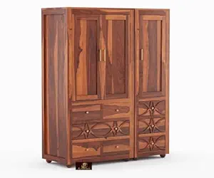 Archaic Sheesham Wood Wardrobe for Bedroom | Wooden Door Clothes Cupboard | Solid Wood Almirah with Drawers & Multiple Shelves Storage (Design 6)