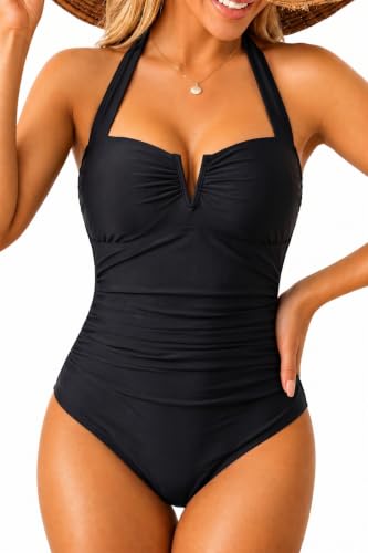 Daci Women's Black Tummy Control One Piece Swimsuit V Wire Swimwear M