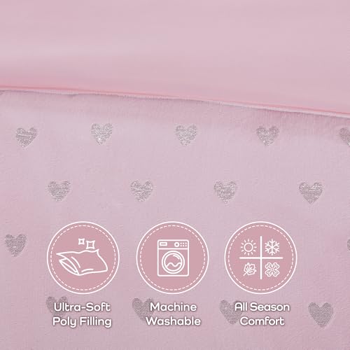 Image of Intelligent Design Queen Comforter Set, 4 Piece Metallic Hearts Cozy Bedroom Set for Girls, Queen Bed Set Soft & Plush Comforter, All Season Fluffy Bedding Set, Rosalie, Full /Queen, Pink Silver