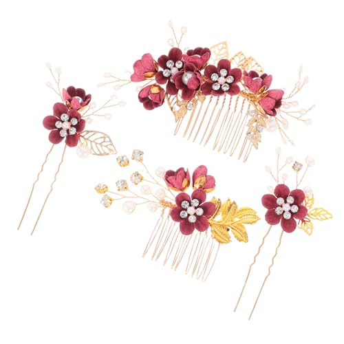 BAZEITFLOW 大紅色点花葉ヘアコーム ダルヘア 結婚式用華やか髪飾り 耐久性と快適性を備 着脱簡単な婚礼用ヘッドピース