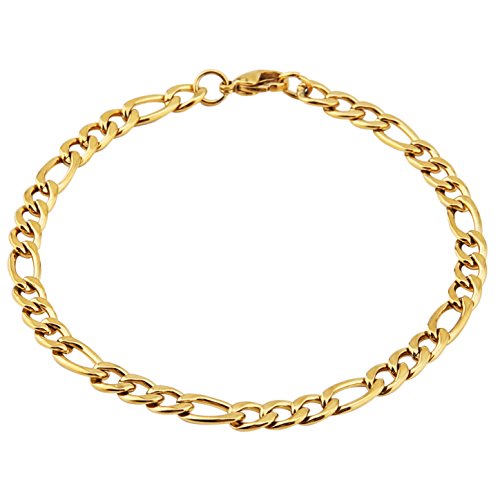 HZMAN Men Women 18k Real Gold Plated Figaro Chain 5mm 9mm 13mm Stainless Steel Bracelet 8.5 Inches