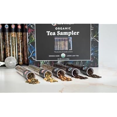 Tea & Trumpets, Organic Loose Tea Sampler Gift Set with Infuser (8 Teas, 30+ Cups) - Green Tea, Black Tea, Herbal Tea, and infuser | Gifts for women, Men and Adults | Tea Gift Sets