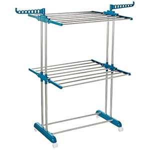 Amazon Brand – Solimo Stainless Steel & Plastic 2 Level Cloth Drying Stand with Wheels, Multicolour