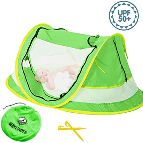 Wayfinder TravelTot, Baby Travel Tent Portable Baby Travel Bed Indoor & Outdoor Travel Crib Baby Beach Tent UPF 50+ UV Protection w/Mosquito Net and 2 Pegs (Green/Yellow)