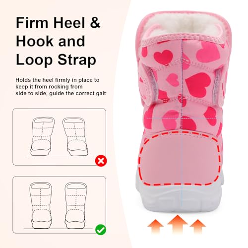 QFH Boys Girls Snow Boots Water-Resistant Outdoor Warm Cozy Anti-Slip Mid Calf Faux Fur Lining Insulated Winter Shoes Rose Red Heart Size 6 Toddler by QFH - Image 6