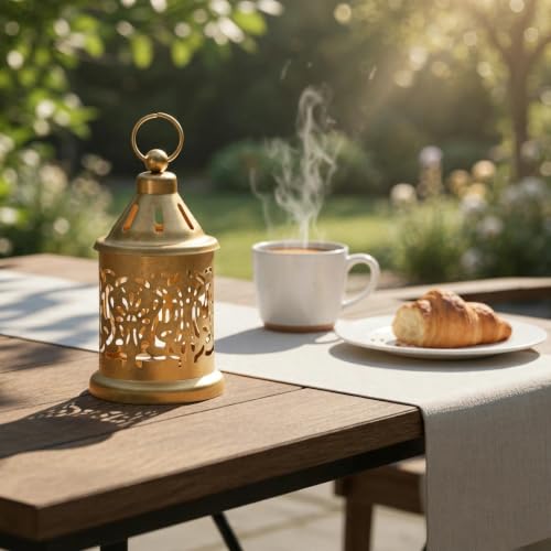 Image of Nutech Decor Hanging Metal Candle & Tealight Holder Lantern Set With LED Candle - Decorative Golden Vintage Lanterns for Home, Living Room, Dining Table, Balcony, Garden & Festival Gifting (Pack of 5)