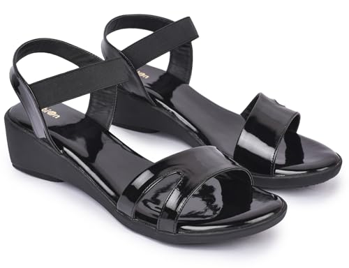 Image of Action Women's Patent Platform Sandals|Open Toe| Elastic Ankle Strap| Wedge Heel Black