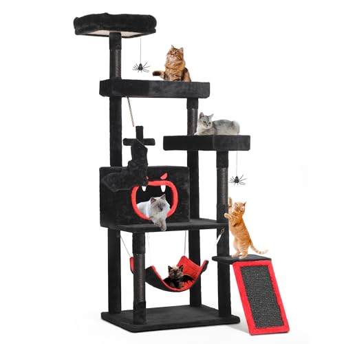 YITAHOME Gothic XL Kratzbaum groß, 160cm hoch, Grosse Katzen Stabil mit 4 Sisalsäule, 1 Kratzbrettern, 1 Hängematte, 2 Spinne hängende Kugel, Sargbett Plattformen, Höhle, Halloween, schwarz