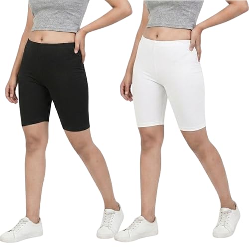 Image of Women's Cotton Lycra Cycling Shorts | 95% Cotton 5% Spandex | Stretchable Knee Length Tights for Gym, Yoga & Sports