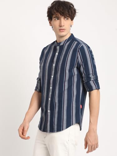 Image of Mena€s Blue Striped with Mandarin Collar Slim Fit Casual Shirt