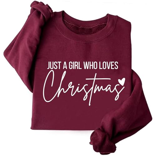 Image of TONGCHEN Christmas Holiday Sweatshirt Women Just A Girl Who Loves Christmas Sweater (US, Alpha, Large, Regular, Regular, Wine Red)
