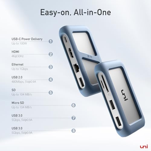 image for uni USB C Hub Multiport Adapter with Detachable Cable, 8-in-1 USB C Hu