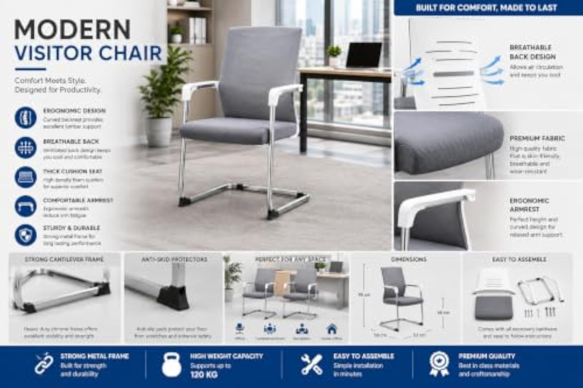 Set of 2 Grey Mesh Office Guest Chairs with Armrests