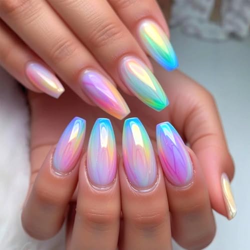 Chrome Press on Nails Medium Coffin Fake Nails Dreamy Rainbow Aurora False Nails Laser Glossy Full Cover Stick on Nail Reusable Artificial Glue on Nails for Women Manicure 24Pcs