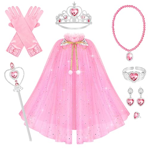 10 Pieces Princess Cape Set Dress up Clothes for Little Girls Party Cosplay Cloak with Jewelry Tiara Crown Wand Gloves