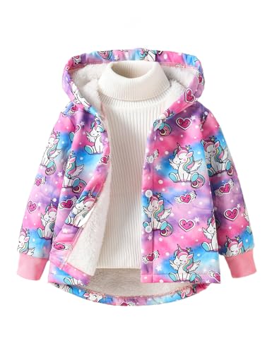 Little Girls Lined Fleece Jacket with Hood Winter Thick Warm Button Down Outerwear Cute Cartoon