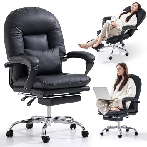 EMIAH Silla de Oficina Ergonómica con Reposapiés, Silla de Escritorio Ejecutiva Reclinable, Sillón de Cuero PU, Modernas Cómoda Silla de Ordenador Tocador con Ruedas, Bonita Silla para el Hogar, Negro