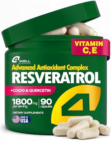 Resveratrol Supplement 1800mg Complex - COQ10 Quercetin Vitamin E Calcium Ascorbate - Powerful Antioxidant Formula for Enhanced Energy Heart Health & Healthy-Aging Support Trans Resveratrol 90 Caps