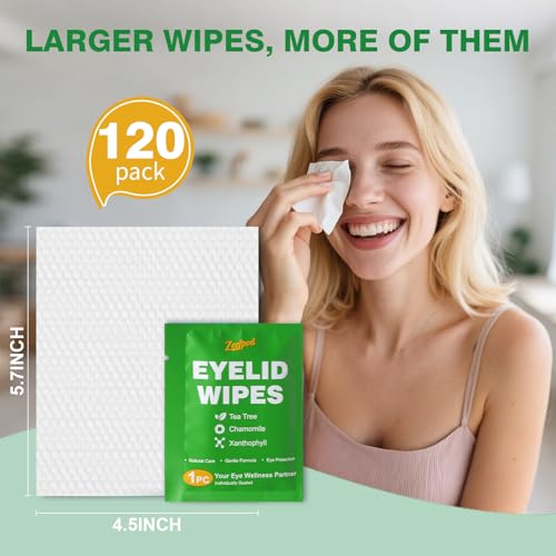 Zeefpod 120PCS Tea Tree Oil Eyelid Wipes – Individually Wrapped Eye Lid Cleaning Wipes，Soothing For Sensitive Eyes, Stay Hydrated Lid Wipe