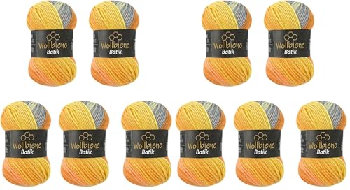 Wollbiene Batik 5030 5 ovillos de 100 g, 500 gramos, multicolor con degradado, multicolor (5030, gris, naranja y amarillo) (Paquete de 2)