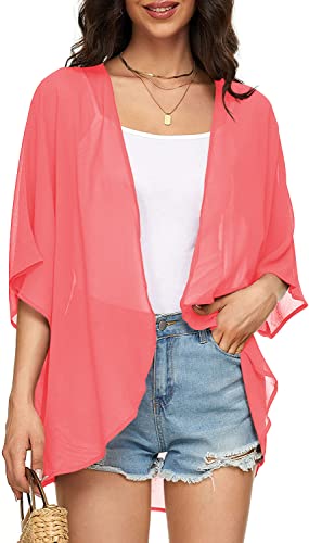 Image of Indian Trendy Women's Solid Puff Sleeve Kimono Cardigan Loose Cover Up Casual Blouse Top Chiffon