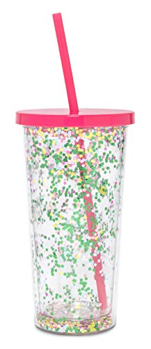 Ban.do Deluxe Glitter Sip Sip Insulated Tumbler with Reusable Straw, 20 Ounce Travel Cup with Lid, Flower Bomb