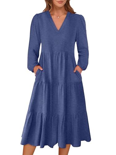 Image of ANRABESS Women's Long Lantern Sleeve Floral Midi Dresses 2026 Fall V Neck Casual Flowy A-line Tiered Boho Vacation Dress