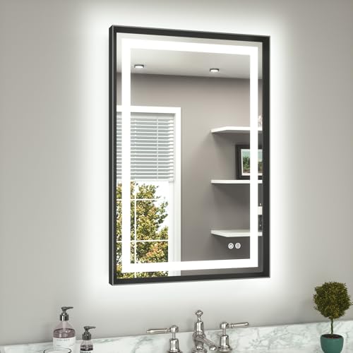 TETOTE 24 x 36 Bathroom LED Mirror Brushed Black Metal Frame Frontlit & Backlit Vanity Mirror Anti-Fog Stepless Dimmable 3 Colors White/Warm/Natural Mirror with Lights Wall-Mounted