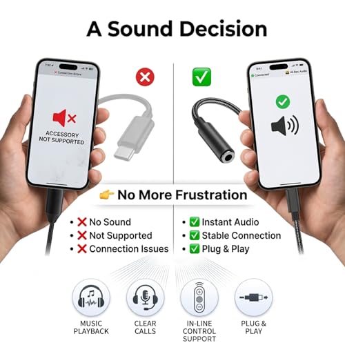 USB C to 3.5mm Audio Adapter, Type C to Aux Headphone Jack, Plug and Play, Supports Calls & Music, Compatible with iPhone 15 16 17, Samsung Galaxy S25 S24 S23, MacBook, iPad, Pixel - Black - Image 4