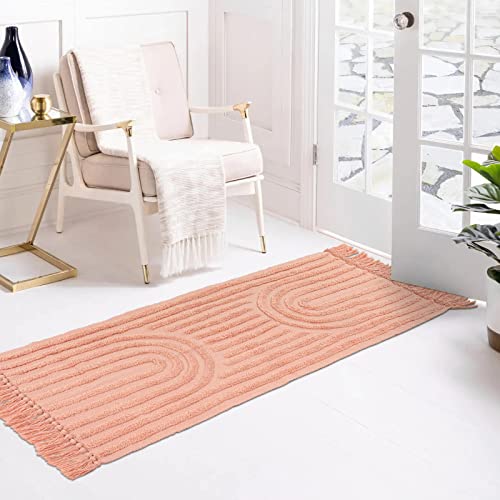 Lanffia Boho Rainbow Hallway Runner Rug 2X5, Tufted Pink Bedside Mat With Tassels, Farmhouse Cotton Woven Washable Accent Carpet For Nursery Laundry Bathroom Porch, Peach Pink #TOP4