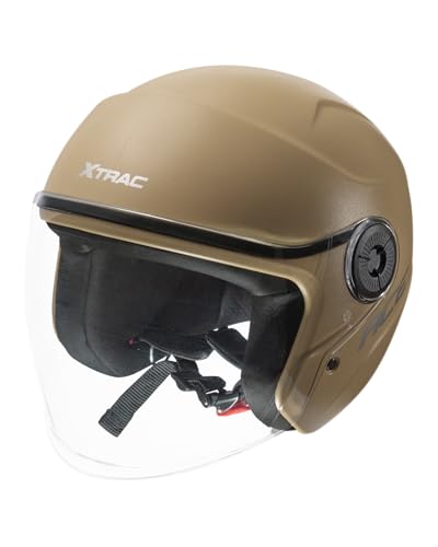 Image of Xtrac Ace ISI Certified Open Face Helmet for Men & Women | Half Face Bike Helmet with Scratch-Resistant Clear Visor | Lightweight ABS Shell | Quick Release Buckle | Dark Brown - L