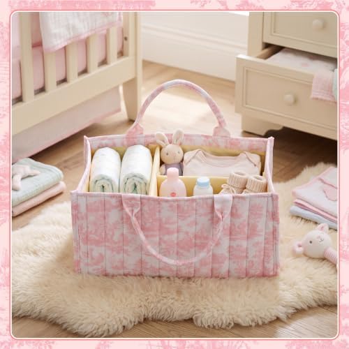 Shinylin Diaper Caddy Organizer with Pink Toile De Jouy Portable Nursery Storage Basket with Handle and Removable Dividers Vintage French Storage Bin for Diaper Caddy Wipes Organizer Baby Shower Favor - 3