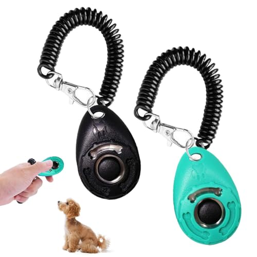 2 Pack Training Pet Clickers Pet Dog Training Tools Buzzer Aid Drop Behavioral Training Tool Wrist Strap Buttons for Traning Obedience Behavior Commands(Black+Lake Blue)
