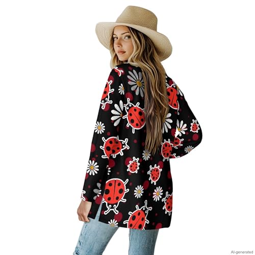 Image of Forchrinse Red Ladybug Cardigan for Women Causal Long Sleeve Open Front Cardigans Sweater Fashion 2024 Fall Coat with Pockets