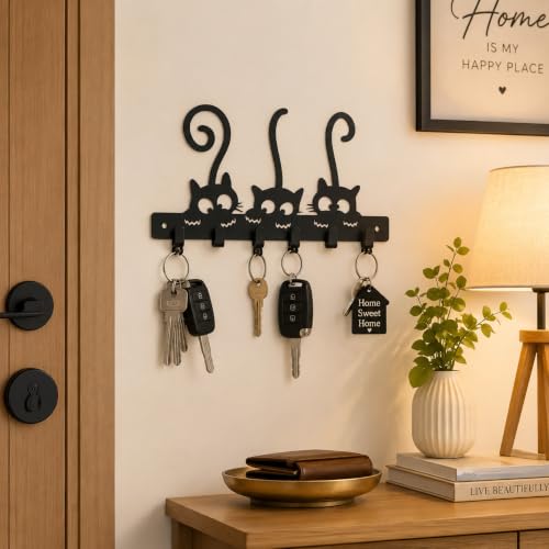 Image of Key Holder for Home, Metal Wall Mounted, 6 Hooks (Kitty Pow) | Cat Design, Includes Mounting Screws, For Home Use, 6 Hook Hanger, Metal Construction