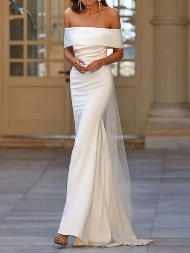 Image of Women's Mermaid Satin Wedding Dress for Bride Off The Shoulder Long Wedding Gown for Women
