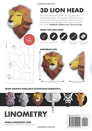 Linometry - 3D Lion Paper Model: A cut, fold, and glue paper model activity book. Build a low-poly animal head model with this DIY, 3D, origami puzzle ... ASSEMBLED SIZE APPROX 17.5 X 14.5 inches - Image 2