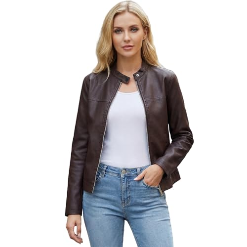 chiguomaoyi Chaqueta Cuero Mujer Moto Biker Chaqueta Corta para el Otoño, Primavera (Café,L)