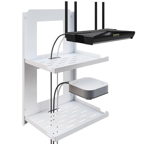 SKIKEN 2-Tier Router Shelf Wall Mount Foldable - 10 inch Metal Outlet Shelf w/Cable Holes | Dual-Layer Organize & Connect for Router and Modem & Smart Home Decor | Folds Up & Stackable (Medium)