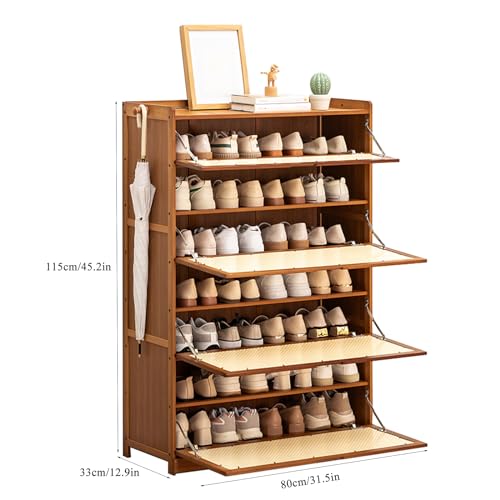Mueble zapatero de bambú estrecho con ganchos para almacenamiento en sala de estar 3