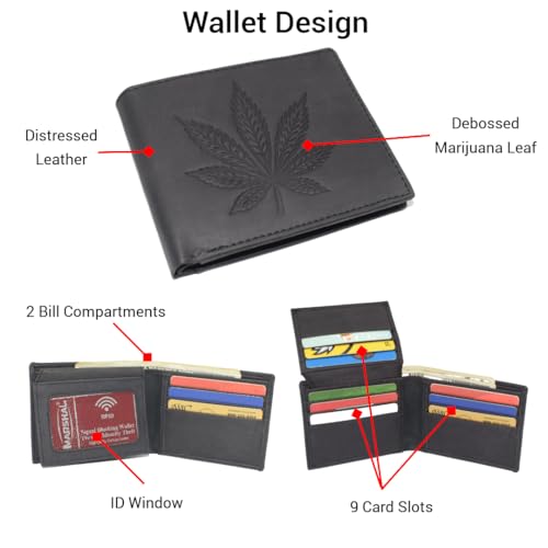 Men’s RFID Blocking Vintage Leather Bifold Wallet – Marijuana Leaf Design – Cannabis Leaf Debossed Genuine Leather Wallet (Black)4