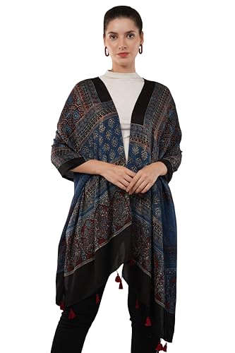 Exclusive hand block-printed, natural dyed Modal silk Ajrakh stole,Scarf, Warm Stole, Indian handmade silk stole/scarf with tassels(Design-7)3