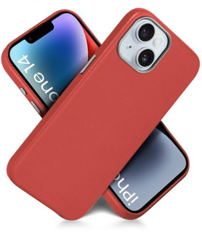 Image of WOW IMAGINE Back Cover for iPhone 13 | iPhone 14 | Shockproof Tough Leather Texture Hard Mobile Case | Ultra Slim Non-Slip Grip | Inner Velvet Fabric | Metal Camera Ring - Crimson Red
