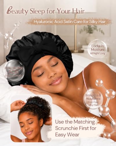 Image of BONNET QUEEN Silk Bonnet for Sleeping HYALURONIC Acid Reversible Double Layer Satin Bonnet for Curly Hair, Black, One Size