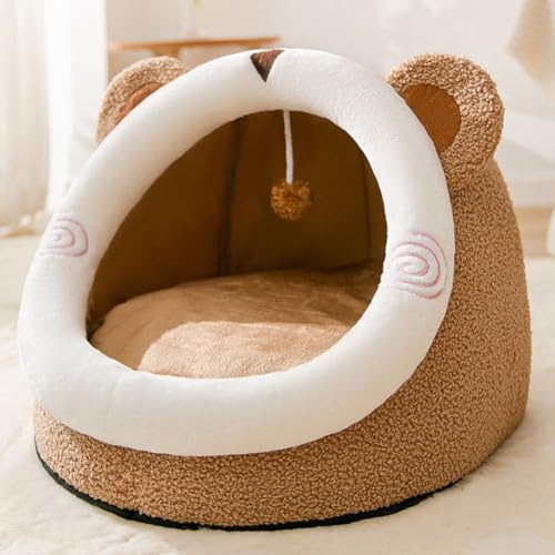 ペットベッド ドーム型 ペットハウス 犬猫用 室内用 オールシーズン ふわふわ 屋根付き 犬小屋 猫 ベッド おしゃれ 寝床 冷暖房 ペット用品 洗える 小型犬 クッション付き 休憩所 小動物用 くま・コーヒー M