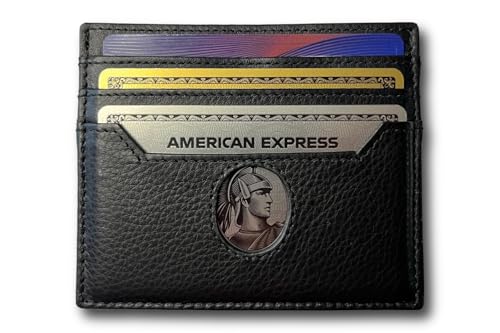6 Card Minimalist Wallet for Men & Women - Genuine Leather Ultra Thin Black Credit Card Holder - Compatible with Amex Cards