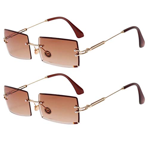 Generic 2 óculos de Sol Feminino com Corte Retangular Sem Aro óculos de Lentes Coloridas Retrô UV400
